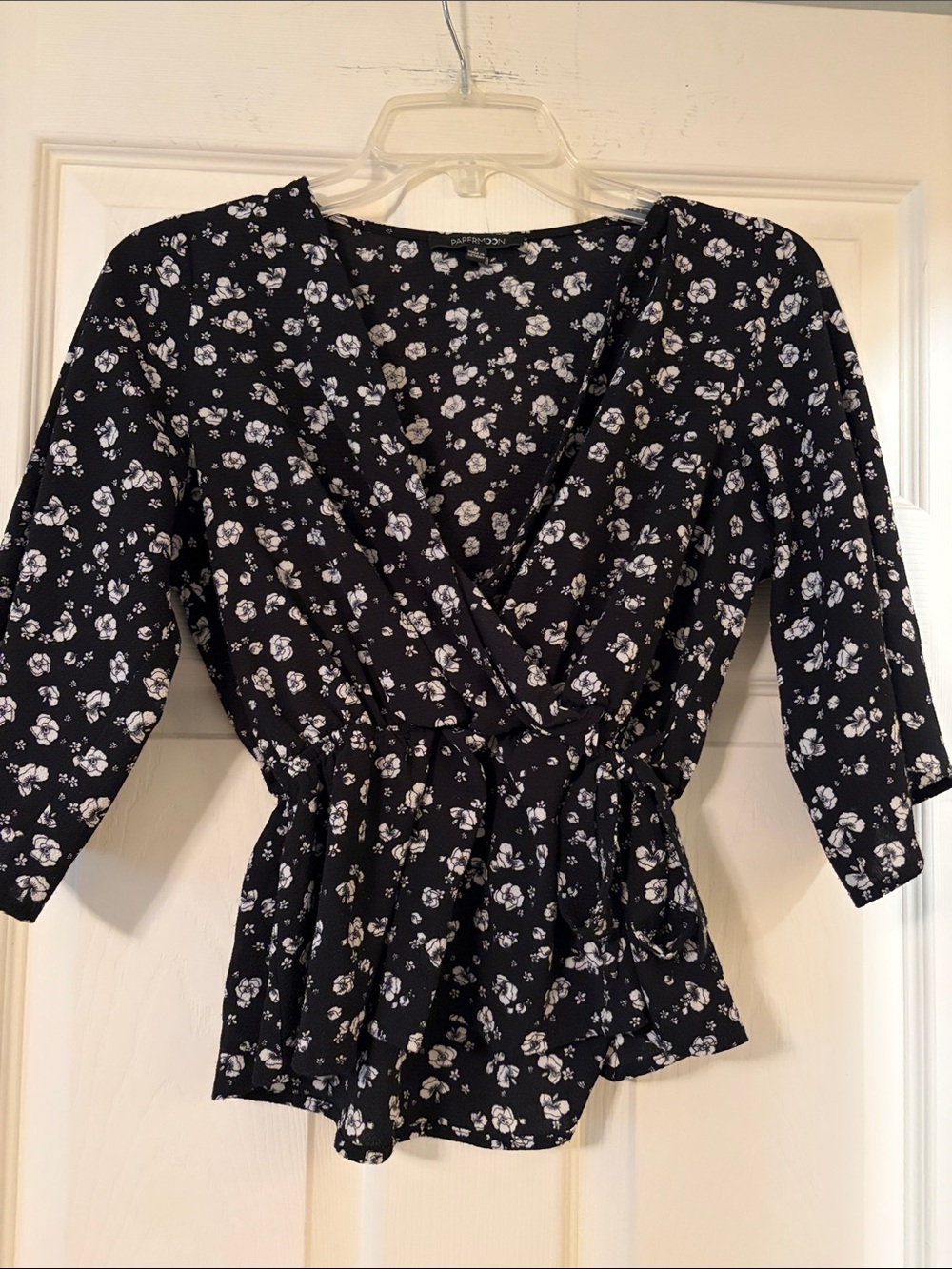 Black Floral Wrap Peplum Top